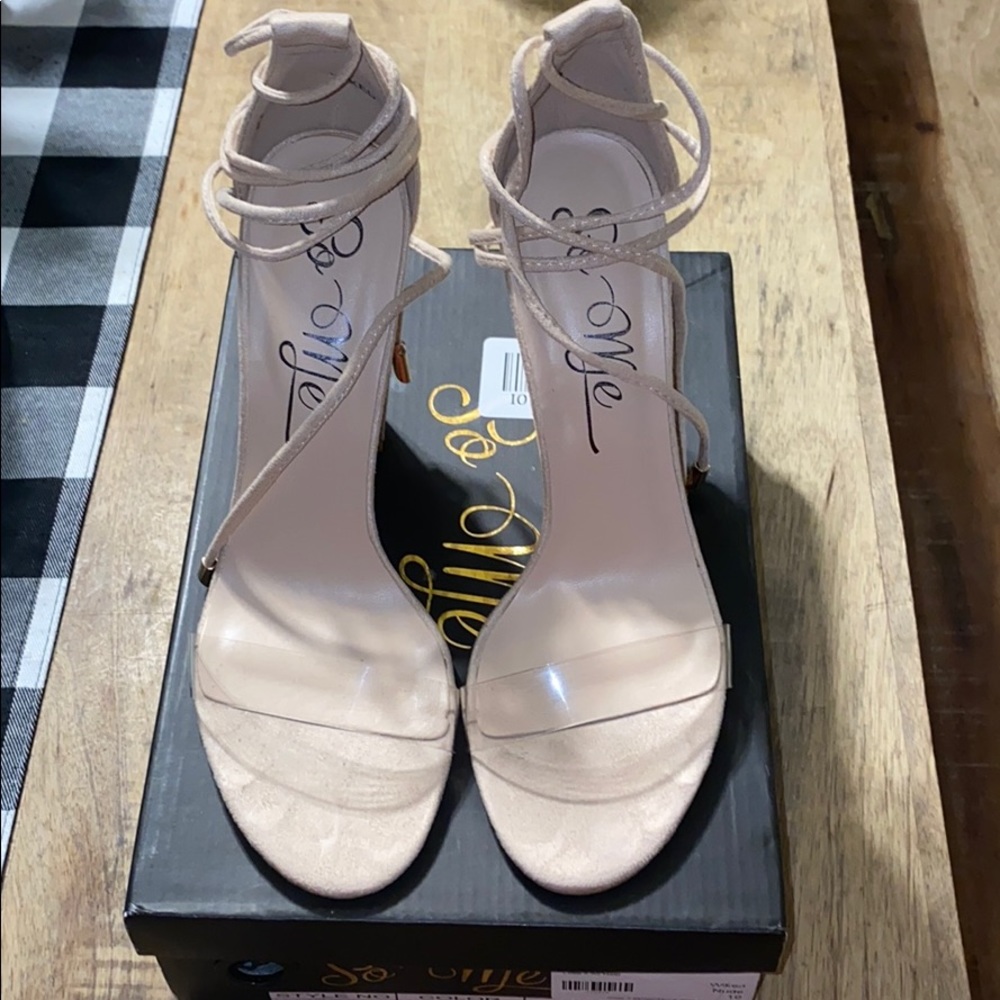 Stacked heel, wrap sandal